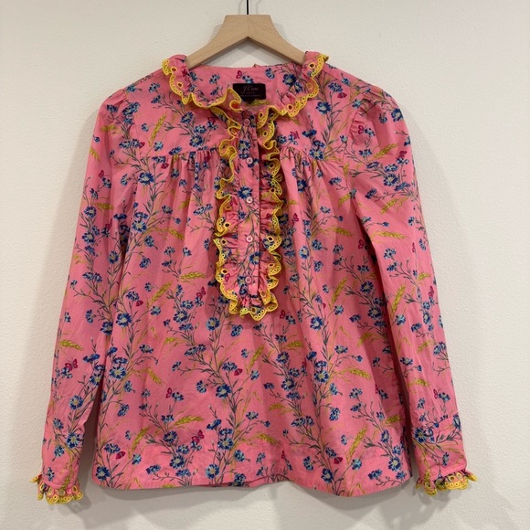 J.Crew Cotton Poplin Ruffle Blouse Embroidery Liberty Print Floral XS - Picture 1 of 7